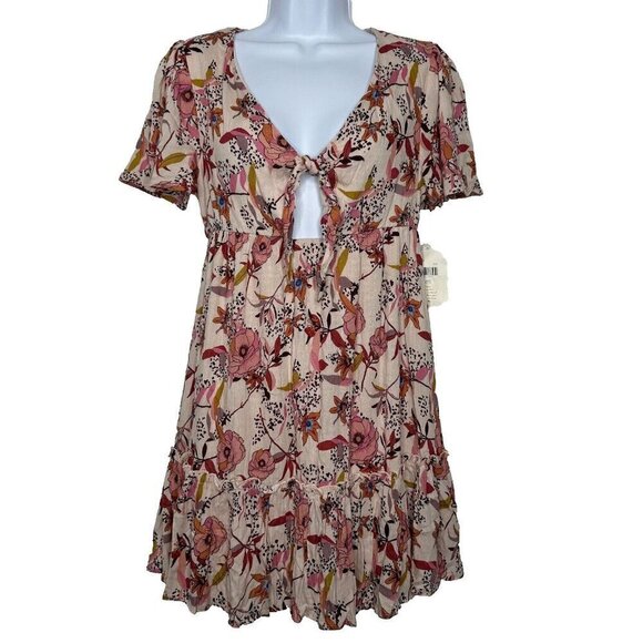 Altar'd State Floral Cutout Tie Tiered Mini Dress Size S Blush Babydoll - Picture 1 of 12